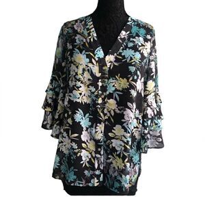 NEW DIRECTIONS Floral Blouse Top in Blue Yellow Black, White Size: Size: Medium